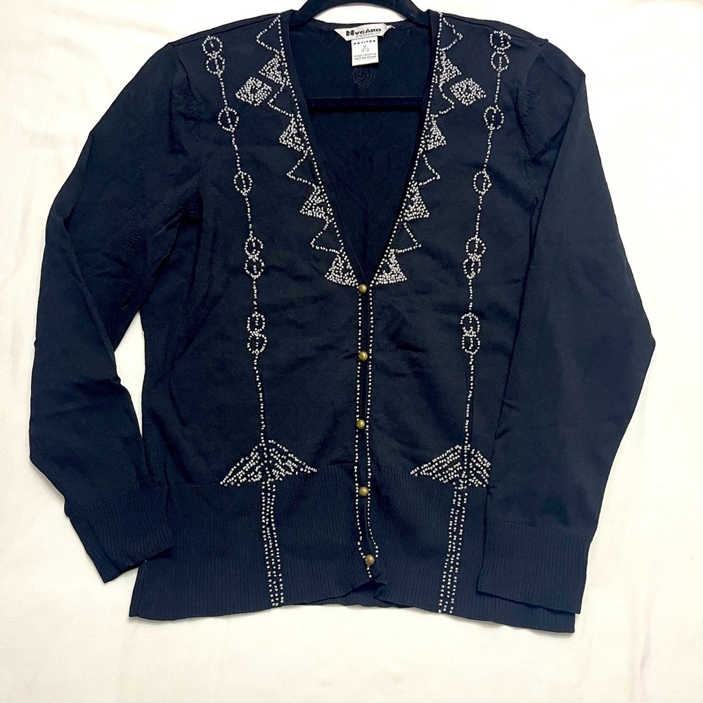 Vintage 80s Glam Beaded Rhinestone Cardigan Black M Petite